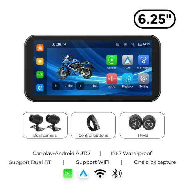 Portable 6.25 inch IP67 Waterproof Motorcycle GPS Navigation Wireless Carplay Android Auto DVR Drive Recorder Moto Monitor WIFI - Image 8
