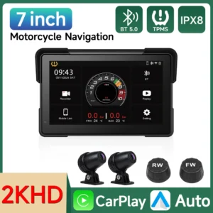 7'' Motorcycle GPS Navigation 2K HD Recorder Multimedia Player  Wireless CarPlay Android Auto IPX8 Waterproof Screen Bluetooth