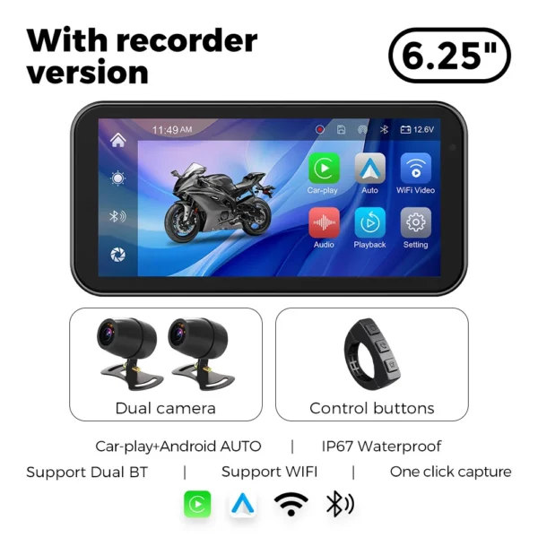 Portable 6.25 inch IP67 Waterproof Motorcycle GPS Navigation Wireless Carplay Android Auto DVR Drive Recorder Moto Monitor WIFI - Image 9