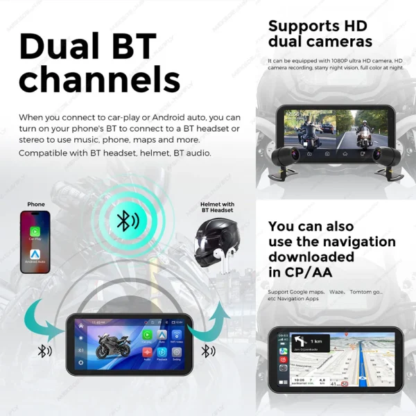 Portable 6.25 inch IP67 Waterproof Motorcycle GPS Navigation Wireless Carplay Android Auto DVR Drive Recorder Moto Monitor WIFI - Image 3