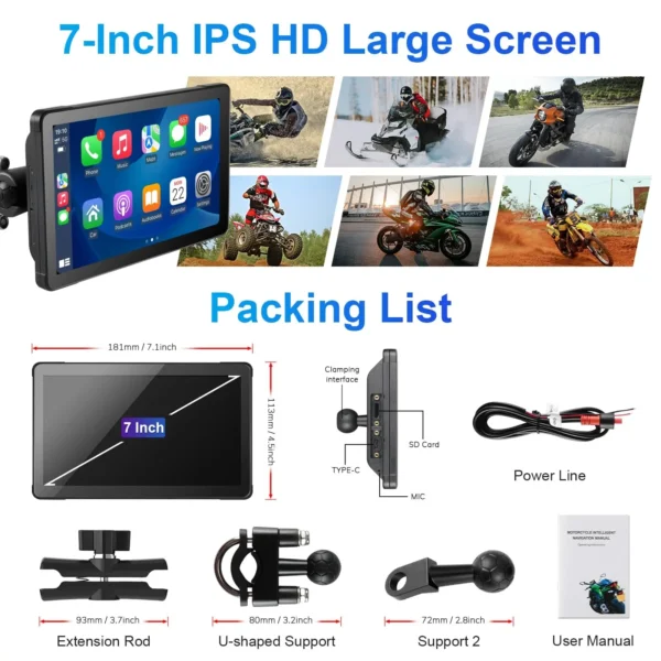 Wireless CarPlay and Android Auto for Motorcycle 7 Inch Carplay Dual Bluetooth Waterproof Portable Car Play GPS Navigation Siri - Image 7